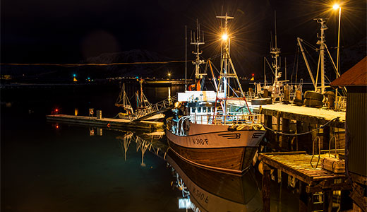 Barca da pesca ormeggiata in un porto alle Lofoten di notte